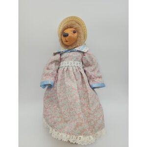Robert Raikes Wooden Face Bear Limited Edition 3331/10000 Pink Floral Dress 14"
